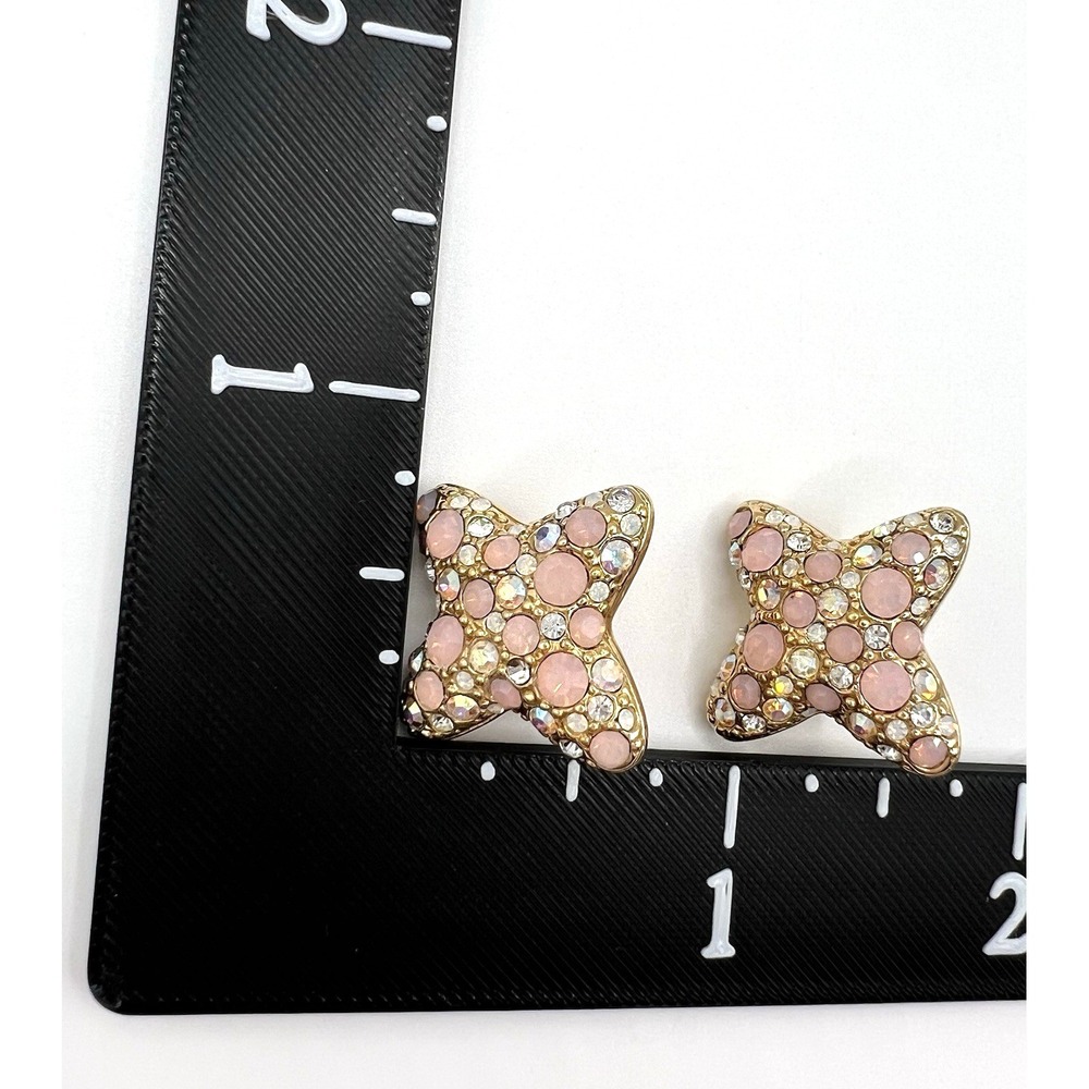 Swarovski Swan Gold Tone Pave Pink AB Rhinestones Clip On Earrings Xs Kisses Vtg - Picture 2 of 6